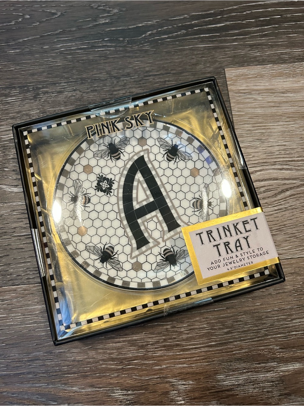 Pink Sky Black & White 'A' Initial Trinket Tray - Jewelry Organizer